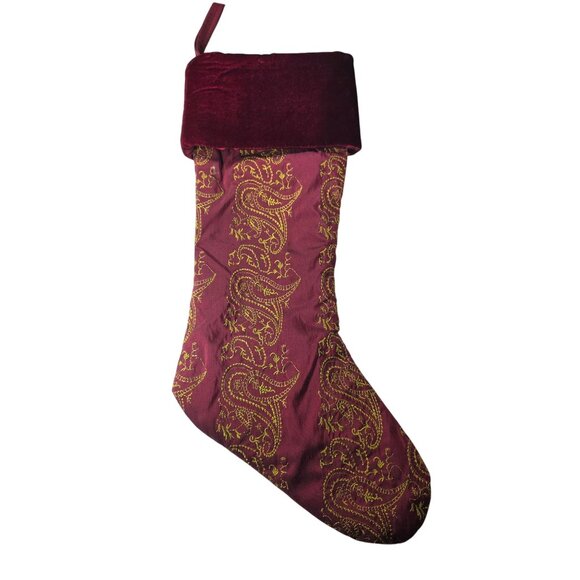 Set Of 4 stockings red Gold embroidered Christmas Velvet Cuffs Paisley Design - Picture 3 of 11